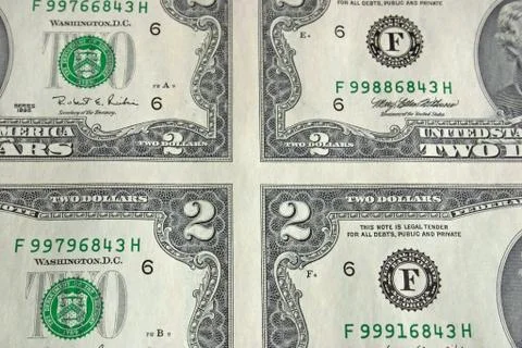 Sheet of Two Dollar Bills Stock Photos
