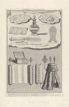. Sheet with two performances. Above different objects used in a Jewish ci... Stock Photos