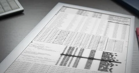 Sheet of white paper with digital numbers and code lies on table Stock Illustration