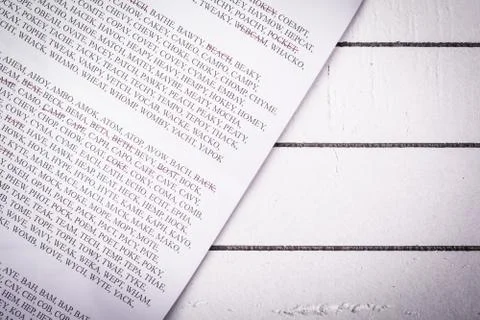 Sheet with words from entertaining game, sorted by number of letters Stock Photos