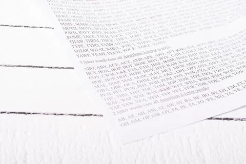 Sheet with words from entertaining game, sorted by number of letters. Stock Photos