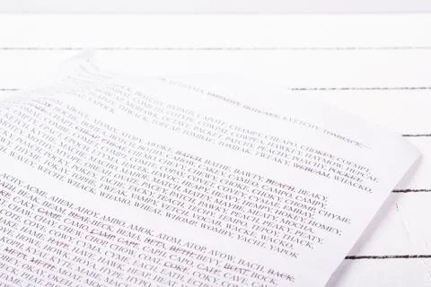 Sheet with words from entertaining game, sorted by number of letters. Stock Photos