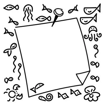 A sheet of writing paper attached by a button. Sea theme, doodle background.  Stock Illustration