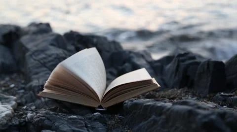 Sheets of the book turned over in the wind. Sea shore Stock Footage 57151273