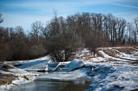 Sheets of ice on a creek in winter Stock Photos