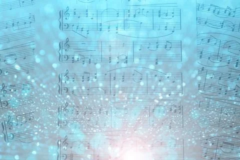 Sheets with music notes as background, top view. Bokeh and color tone effects Stock Photos