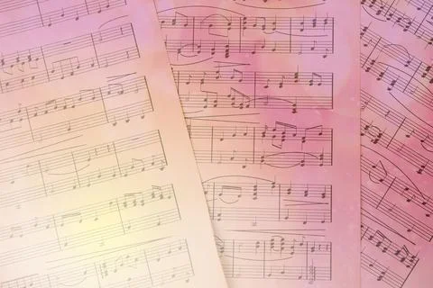 Sheets with music notes as background, top view. Bokeh and color tone effects Stock Photos