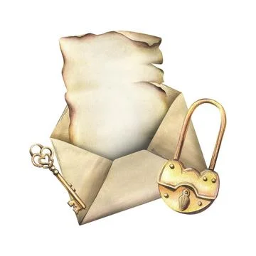 Sheets of old papyrus paper with uneven edges in envelope with a gold key and Illustrazione stock