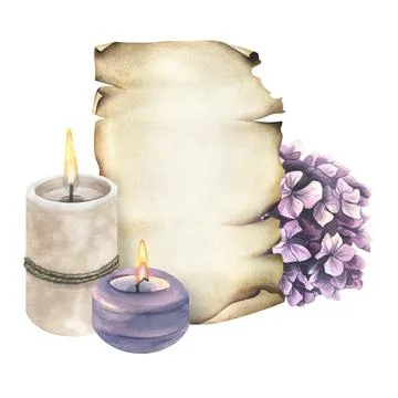 Sheets of old tissue paper with jagged edges, lit candles and pink hydrangea Stock Illustration