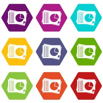 Sheets of paper with charts icon set color hexahedron Stock Illustration