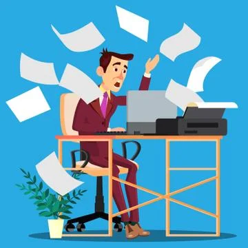 Sheets Of Paper From The Printer Scattering Around And On Frightened Manager Stockillustratie