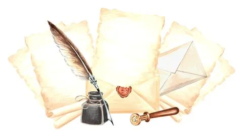 Sheets of parchment paper and envelop, feather pen with inkwel, wax seal Illustrazione stock