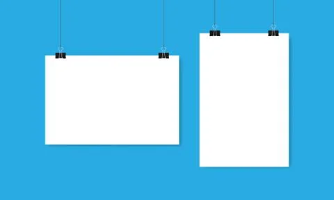Sheets of white paper horizontal and vertical hang on clips and threads Stock Illustration