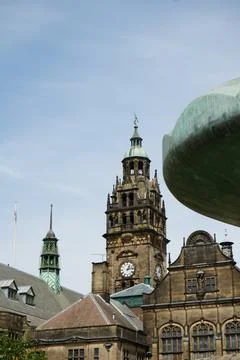 Sheffield Town Hall Clock Tower, Mercury Statue, Historic Architecture, England. Stock Photos
