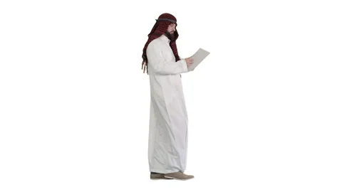 Sheikh presenting information or product using digital tablet on white Stock Footage 143036447