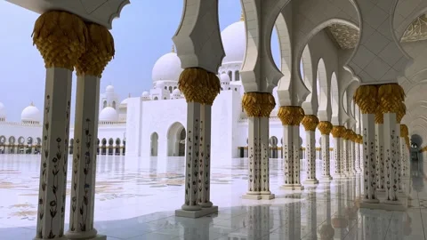 Sheikh Zayed Grand Mosque, Abu Dhabi inner courtyard, columns and outer garden Stock Footage 327553863