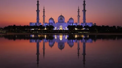 Sheikh Zayed Grand Mosque in Abu Dhabi city at dusk, United Arab Emirates Stock Footage 330083088