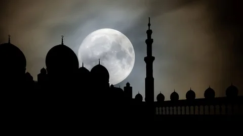 Sheikh Zayed Grand Mosque by Night with Moon, Abu Dhabi, United Arab Emirates Stock Footage 102376965