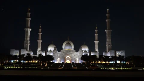 Sheikh Zayed Grand Mosque at night, Abu Dhabi, UAE Stock Footage 182042662