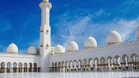 Sheikh Zayed Grand Mosque with white domes and minarets Stock Footage 344410716