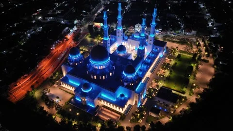 Sheikh Zayed Great Mosque in Solo city, Indonesia. Beautiful night aerial Stock Footage 292628446
