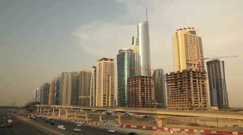Sheikh zayed road and skyscraper dusk Stock Footage 12477620
