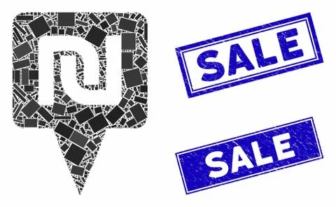 Shekel Map Pointer Mosaic and Scratched Rectangle Watermarks Stock Illustration