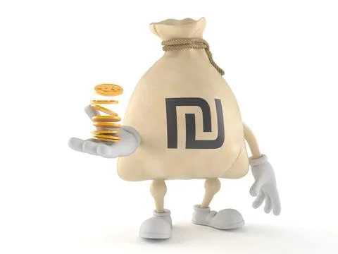 Shekel money bag character with stack of coins Stock Illustration