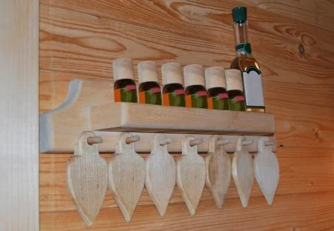 Shelf in the bathhouse with aromatic oils Foto stock