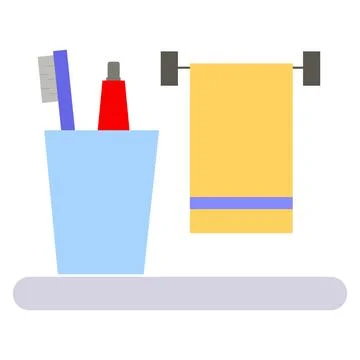 A shelf in the bathroom with a toothbrush, toothpaste and a towel. Flat vecto Stock Illustration
