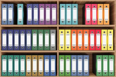 Shelf with binder series. Colored document folders  - 3D illustration Stock Illustration