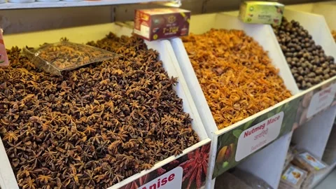 Shelf bins display diverse bulk spices at a market store. The vibrant selection Vídeo Stock 336439253