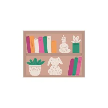 Shelf with books and home decor interior elements vector illustration isolated. Stock Illustration