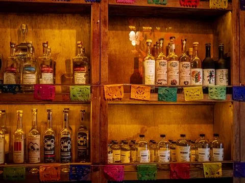 Shelf with bottles in the bar Stock Photos