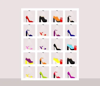 Shelf with different shoes in a store or dressing room. Flat. Vector Stock Illustration
