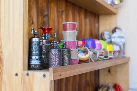 A shelf with different spices Foto stock