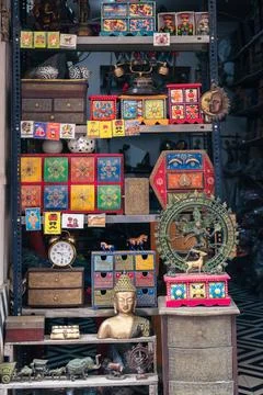 Shelf filled with boxes, one marked with letter A, Udaipur, Rajasthan, India Stock Photos