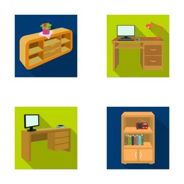 A shelf with a flower, a desk with a computer and a lamp ,a table with a monitor Illustrazione stock