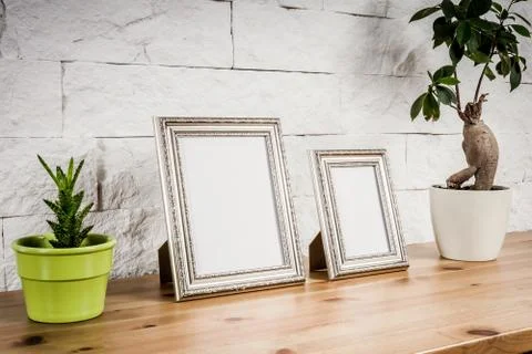 Shelf with frames and flowers Stock Photos