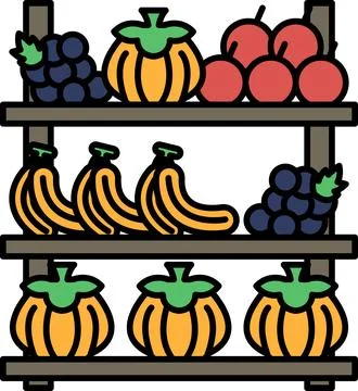 A shelf of fruit and vegetables including bananas, apples, grapes, and pumpki Stock Illustration