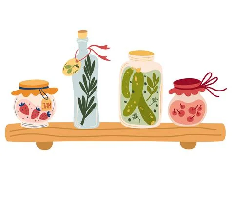 Shelf with jam and various jars. Glass jars with compotes, pickles, jam and o Stock Illustration