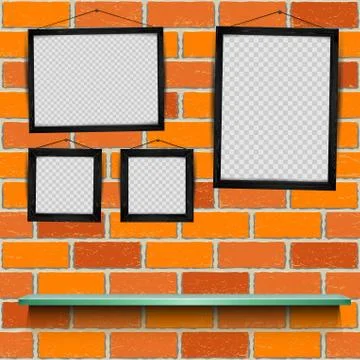 Shelf photo frames brick background Stock Illustration
