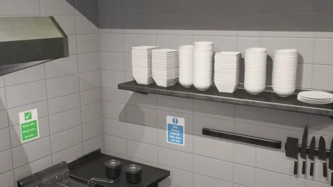 Shelf with Plates, Kitchen of a Restaurant, Hotel, Food 3D Animations Render Video stock 224698038