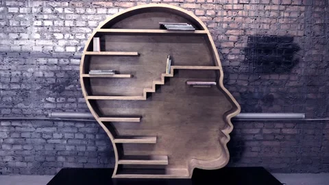 Shelf in the shape of a human head. Books fill the shelf.  Stop motion Stock Footage 162157274