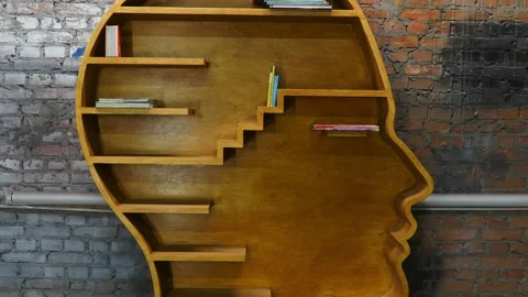 Shelf in the shape of a human head. Books fill the shelf. Zoom out Stock Footage 162157289