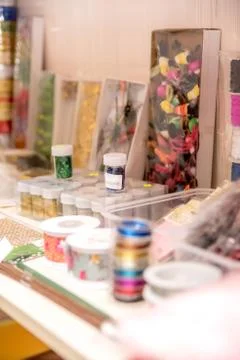 Shelf in the shop for needlework. Stock Photos