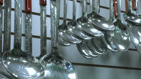 Shelf in the store with cutlery Stock Footage 245581030