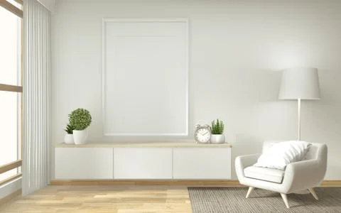 Shelf tv in zen modern empty room, mock up minimal design, 3d rendering Illustrazione stock