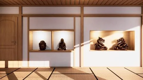 Shelf wall design zen interior of living room japanese style.3d rendering Stock Illustration