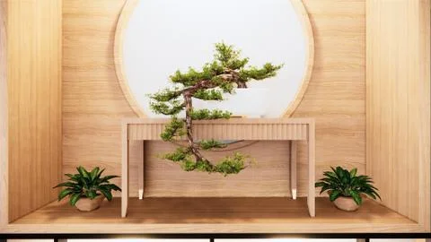 Shelf wall design zen interior of living room japanese style.3d rendering Stock Illustration